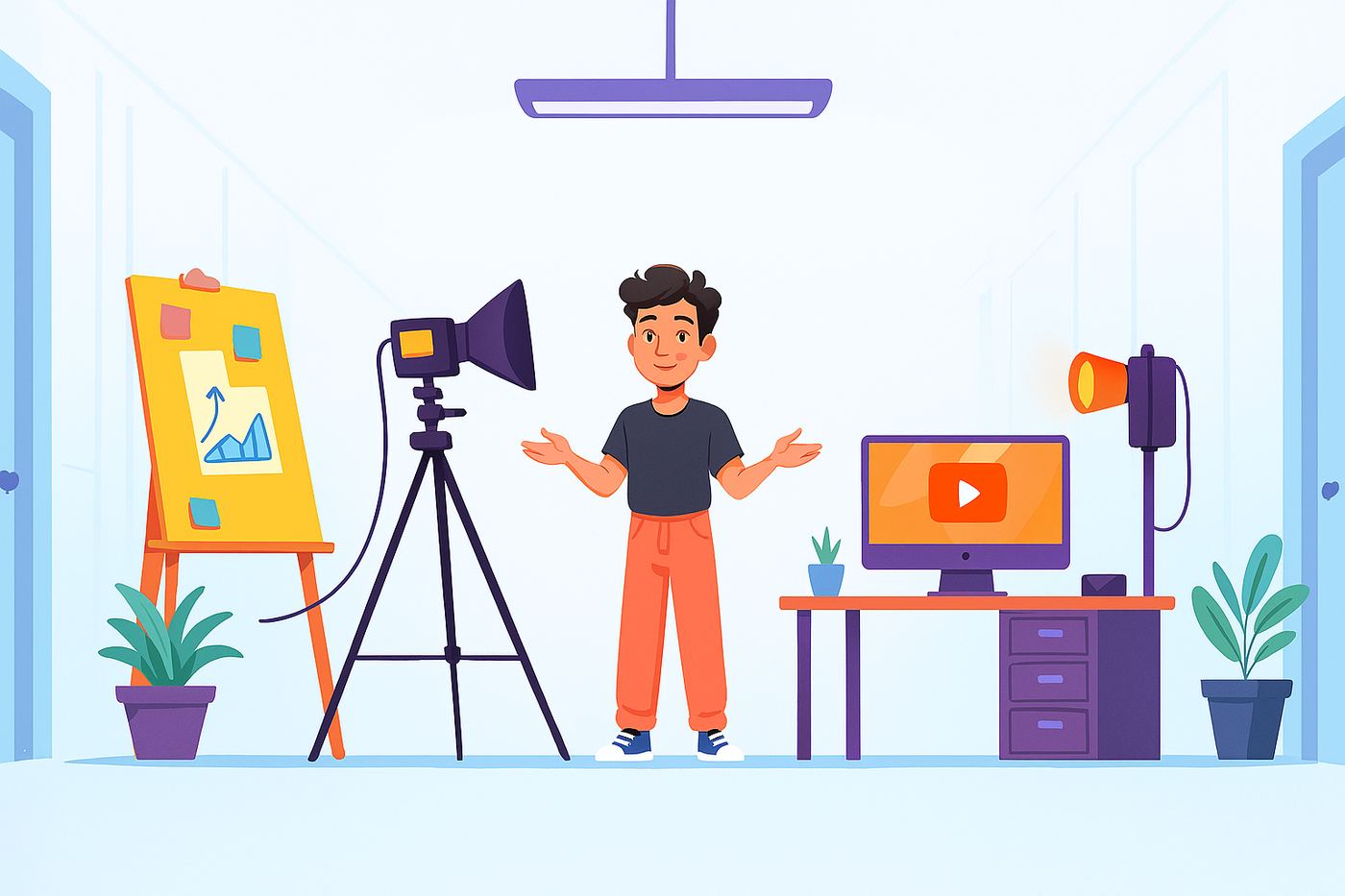 Founder in a small studio with a camera, a light and a laptop, for startup video