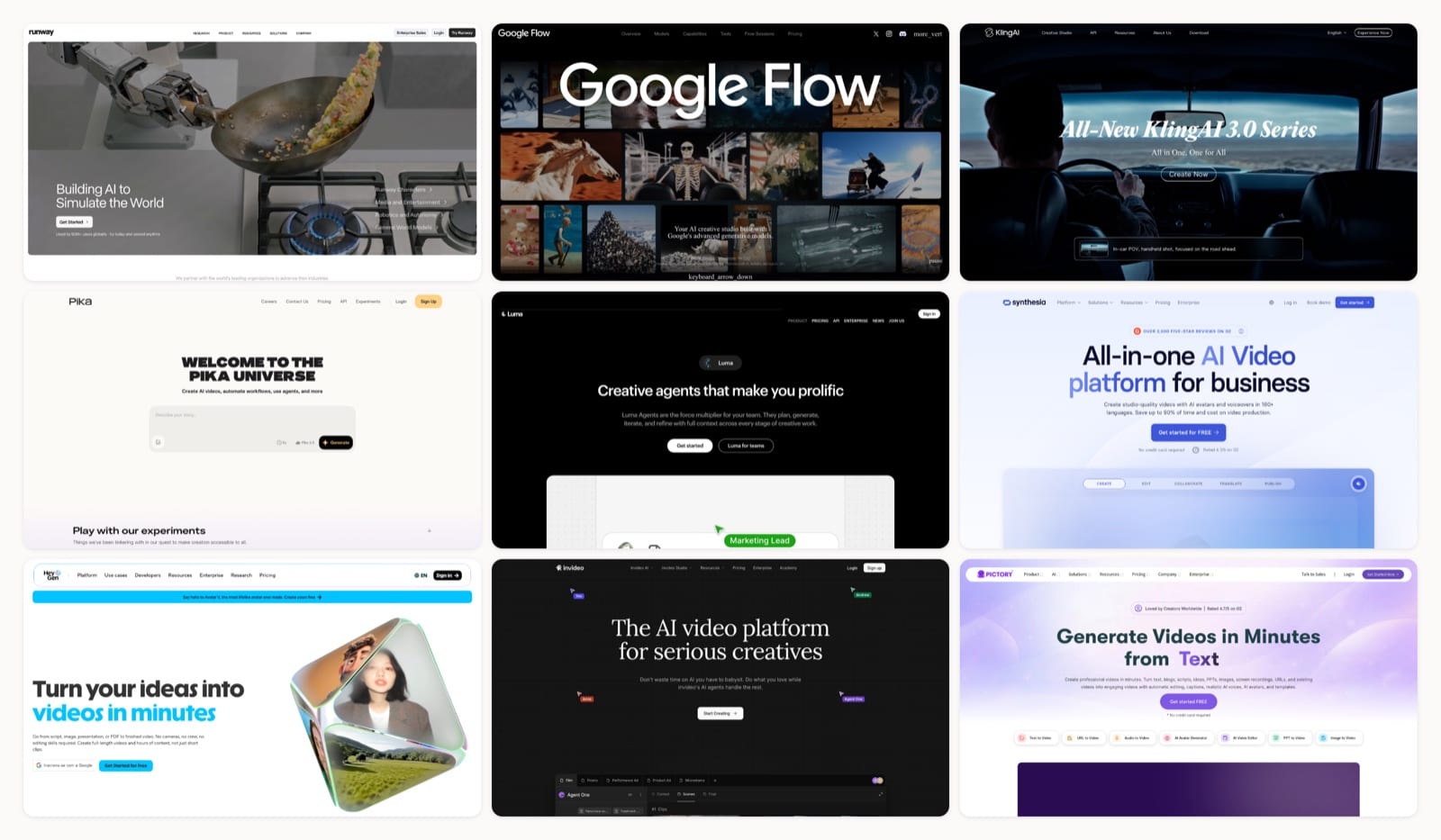 A grid of ai tools text into video homepages