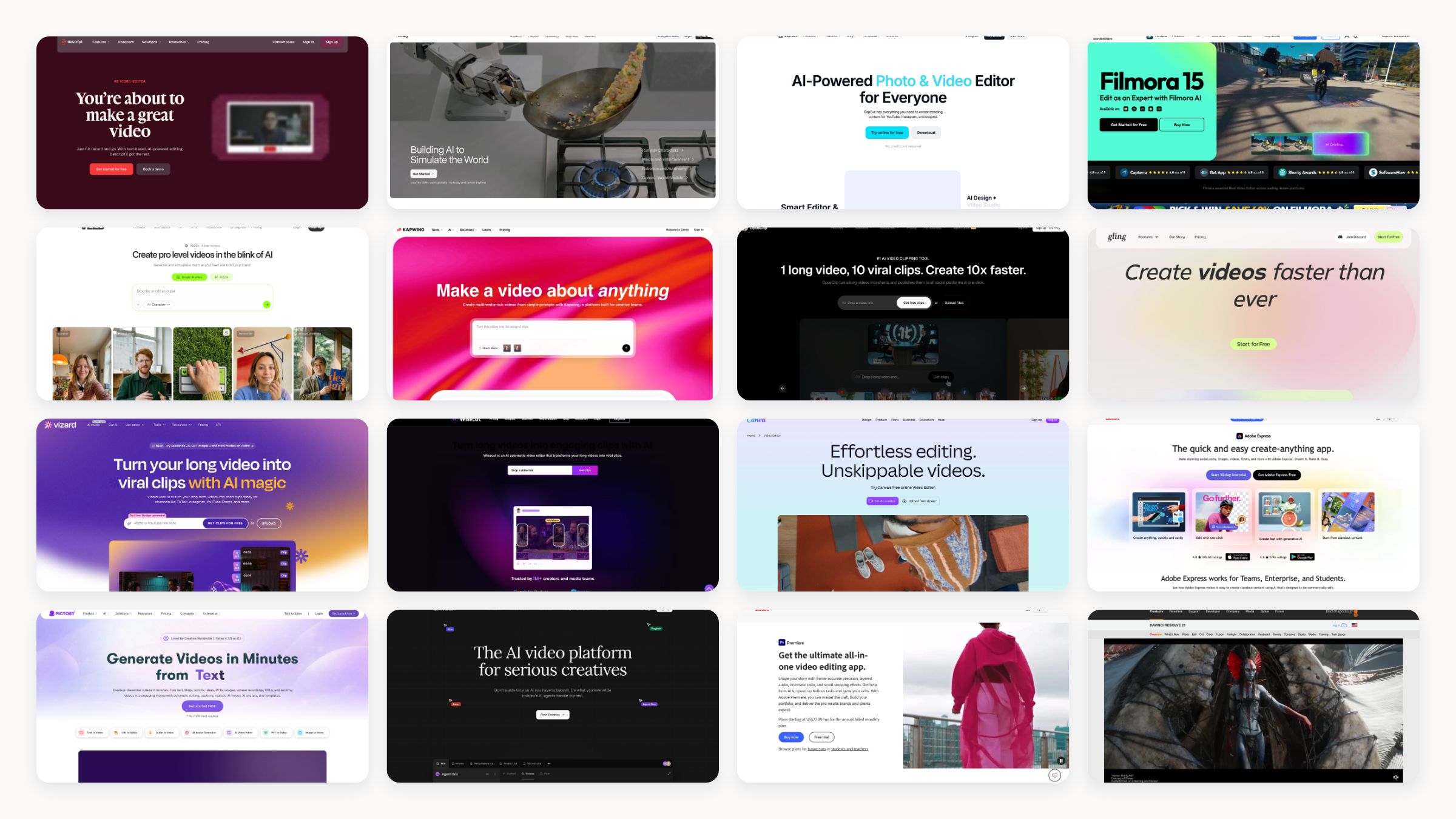 Collage of leading AI video editor homepages