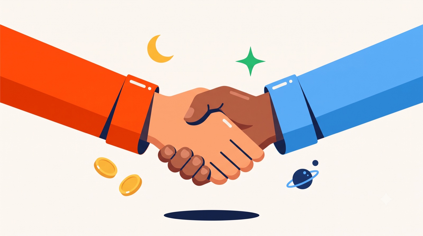 Two hands shaking on a new creative partnership