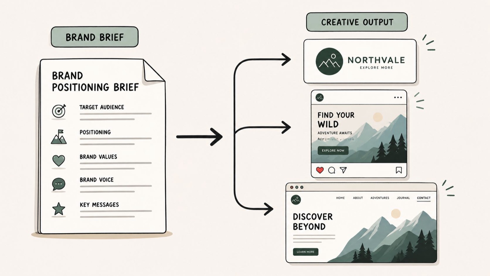 A diagram illustrating how a brand positioning brief flows into various creative outputs like logos and websites.