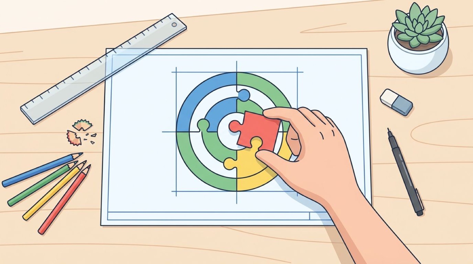 Hand placing the last puzzle piece in a target on a sketch, for brand positioning