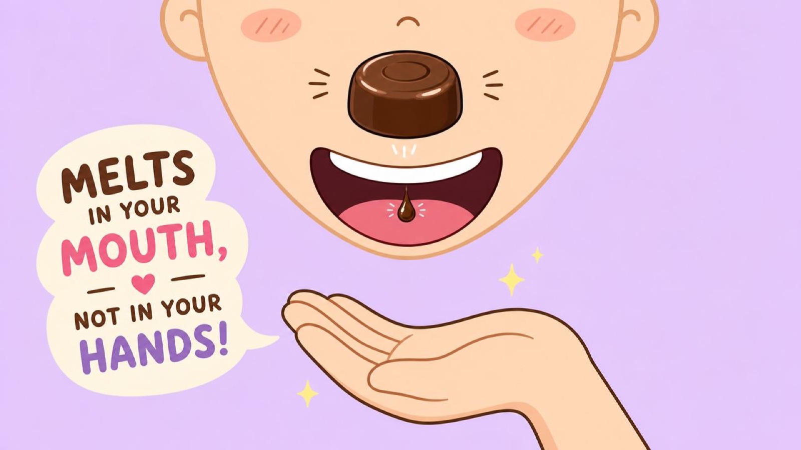 A cartoon illustration showcasing the famous chocolate brand tagline, Melts in your mouth, not in your hands.