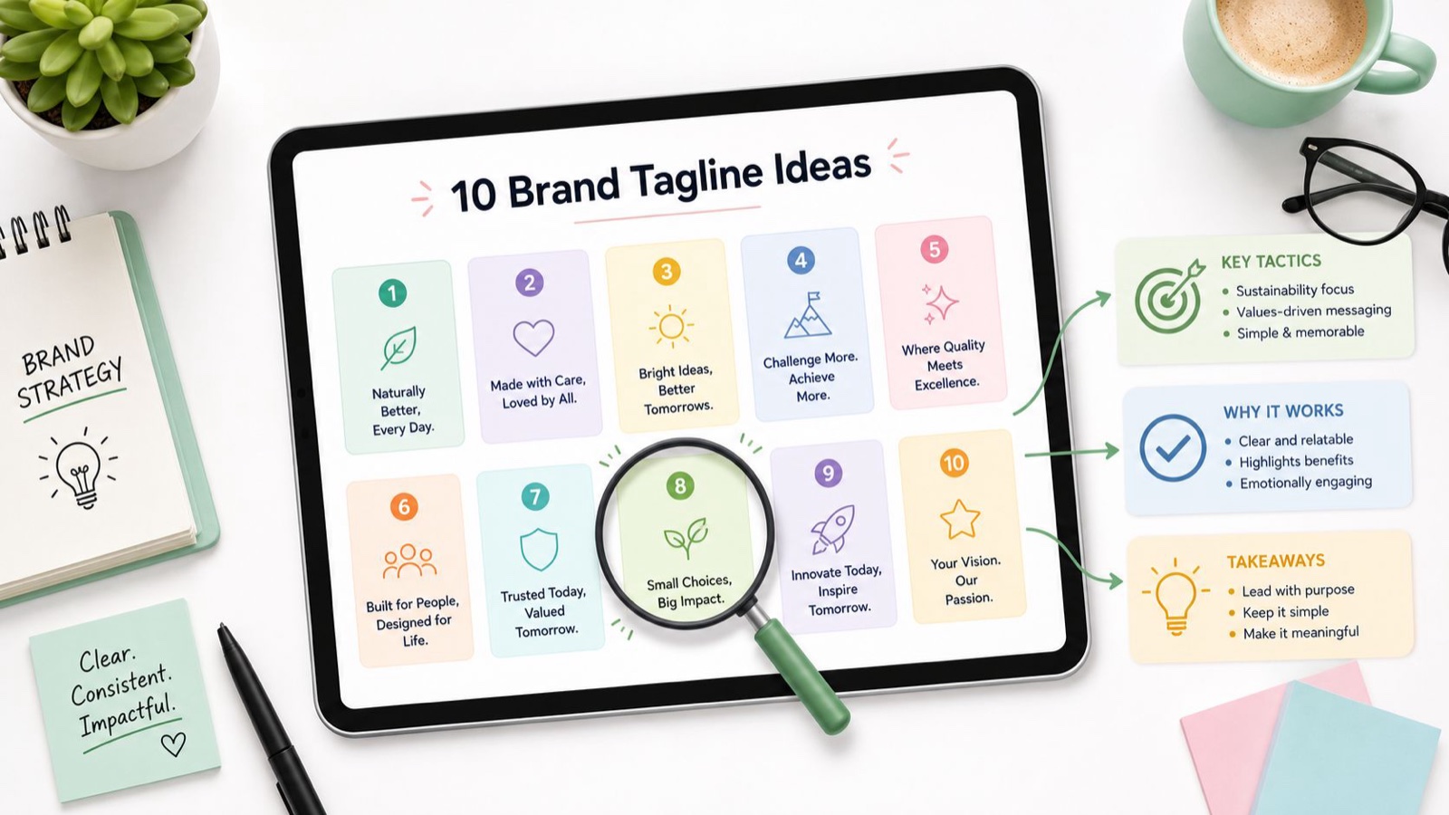 Tablet listing 10 brand tagline ideas next to brand strategy notes