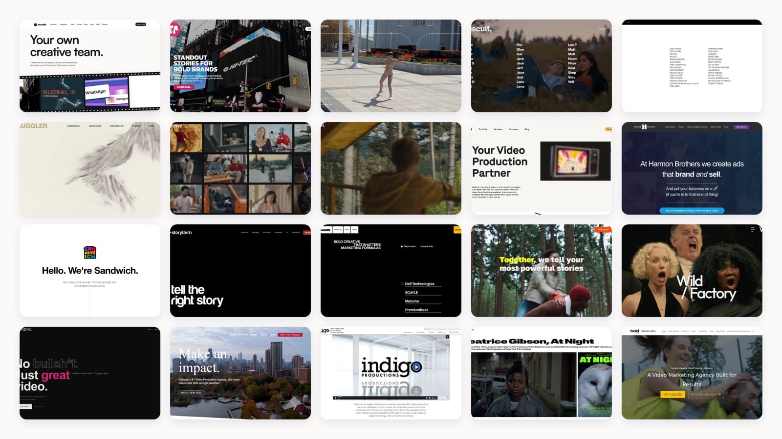 Grid of homepage screenshots from the 20 commercial production companies in this guide