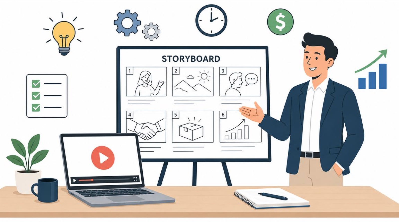 Presenter pointing at a storyboard beside a laptop playing an explainer video