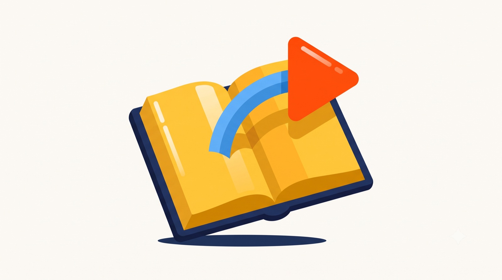 Open book with an arrow leading to a play button, for corporate storytelling