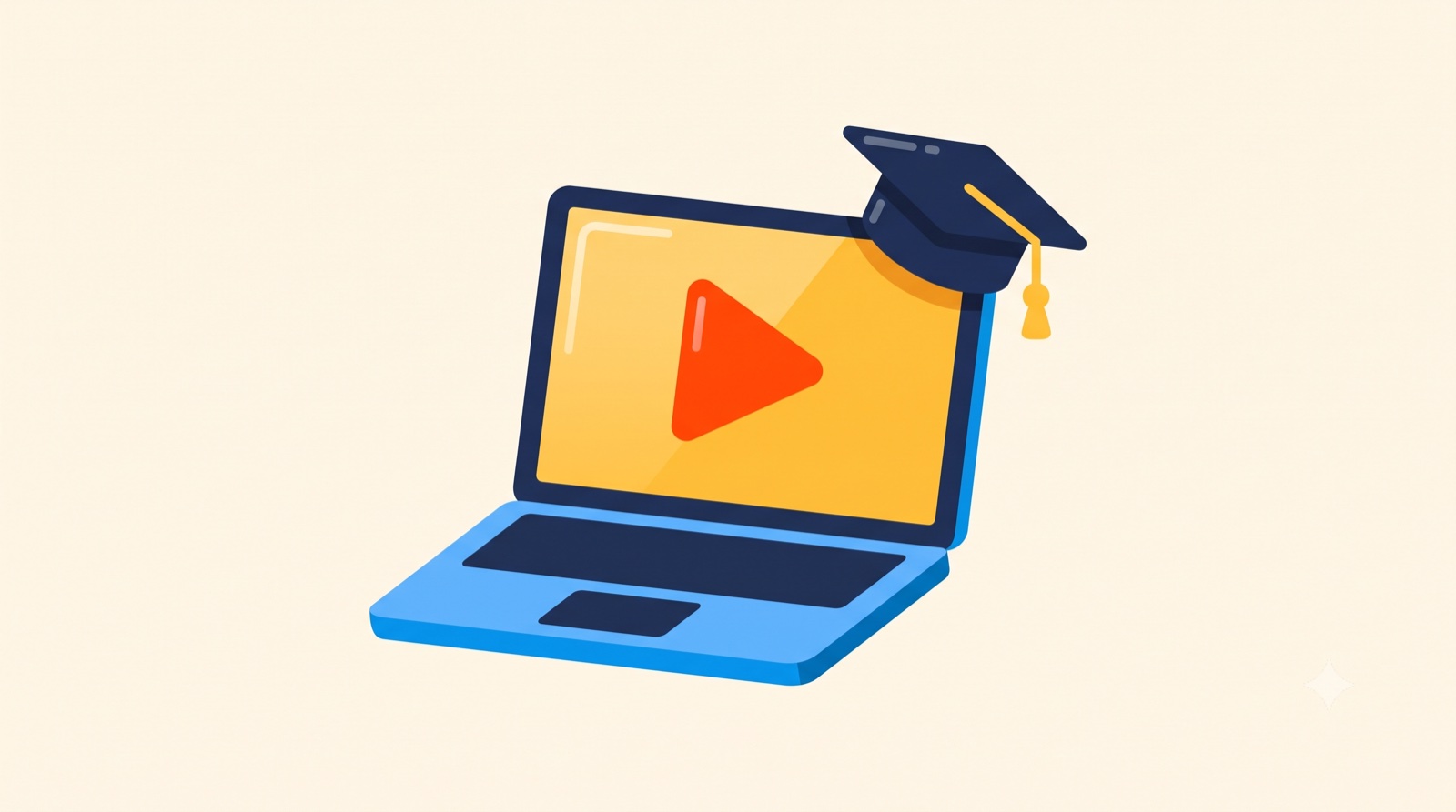 Laptop playing a video with a graduation cap on top, for educational video marketing