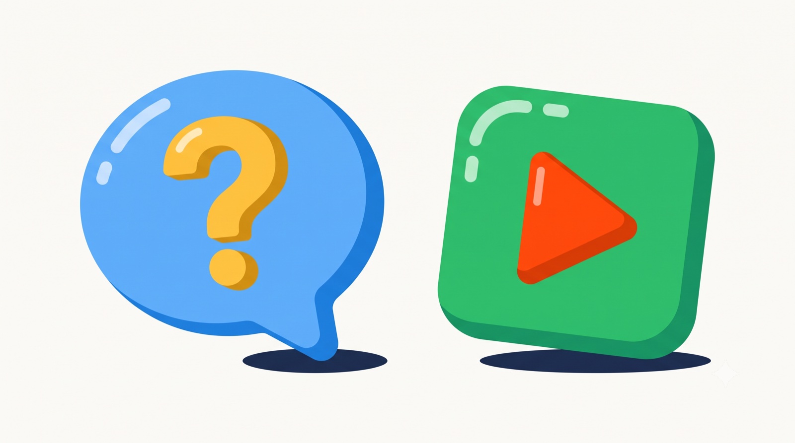 Question mark bubble next to a video play button, for FAQ videos
