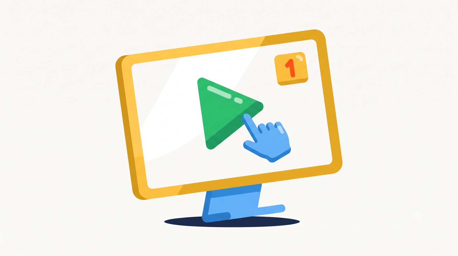 Monitor with a play button, a cursor and step one, for instructional videos