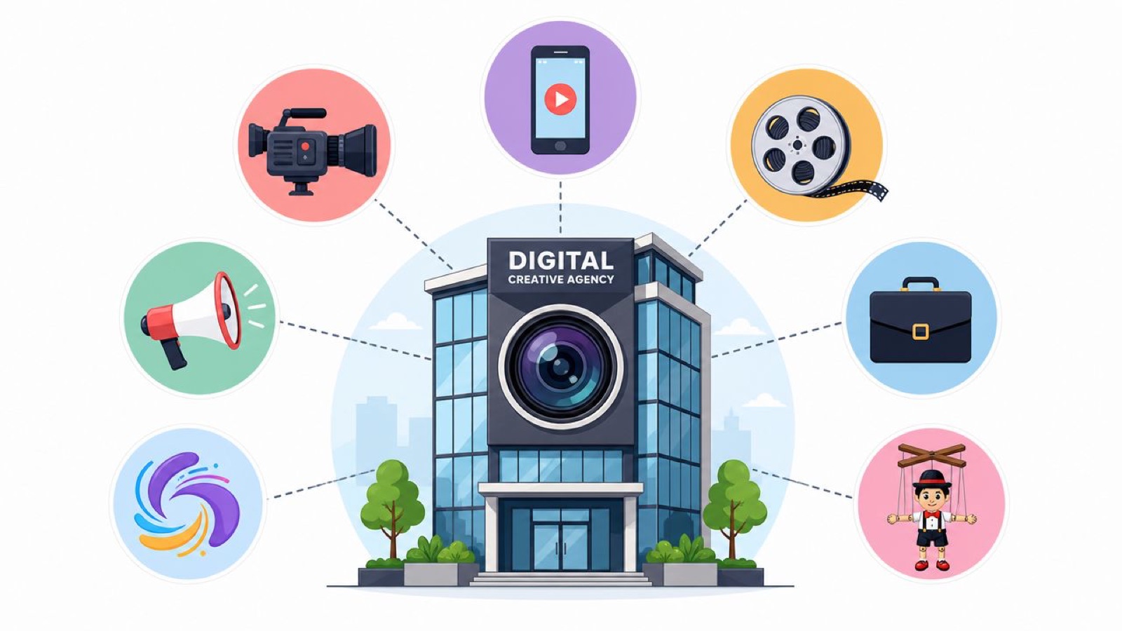 Agency building with a camera surrounded by video, social and design icons